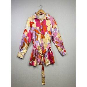 Boohoo Bold Floral Button Up Shirt Dress Belted‎ Long Sleeve Women's Size 10